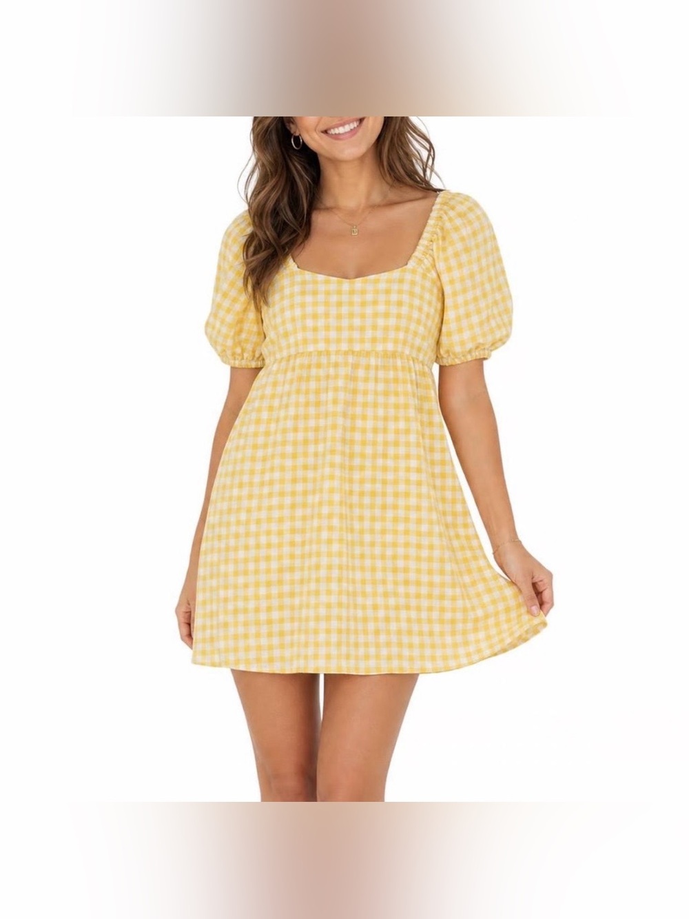 Old Navy Yellow Gingham Puff Sleeve Smocked Mini Dress Medium | Checkered Dress